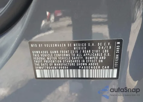 2019 Volkswagen Jetta Gli 2.0T 35Th Anniversary Edition/2.0T Autobahn/2.0T S from USA, damaged, VIN 3VW6T7BU4KM189694